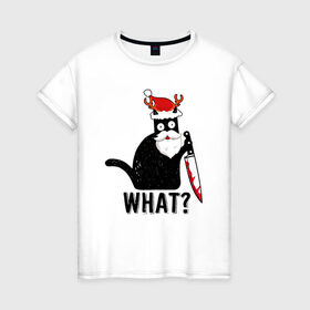 Женская футболка хлопок с принтом НОВОГОДНИЙ WHAT CAT в Кировске, 100% хлопок | прямой крой, круглый вырез горловины, длина до линии бедер, слегка спущенное плечо | 2022 | cat | cats | christmas | cold | garland | klaus | mem | meme | memes | merry | new | santa | snow | what | winter | year | герлянды | гирлянда | год | зима | клаус | кот | котейка | котенок | котик | котэ | кошка | мем | мемы | мороз