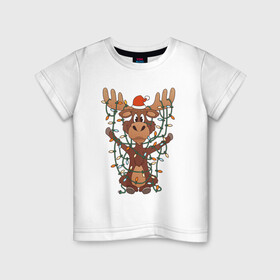 Детская футболка хлопок с принтом НОВОГОДНИЙ ОЛЕНЬ CHRISTMAS DEER в Кировске, 100% хлопок | круглый вырез горловины, полуприлегающий силуэт, длина до линии бедер | 2022 | christmas | cold | deer | klaus | mem | meme | memes | merry | new | santa | snow | what | winter | year | гирлянды | год | зима | клаус | мем | мемы | мороз | новый | олень | рождество | санта | снег | холод | что