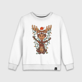 Детский свитшот хлопок с принтом НОВОГОДНИЙ ОЛЕНЬ CHRISTMAS DEER в Кировске, 100% хлопок | круглый вырез горловины, эластичные манжеты, пояс и воротник | Тематика изображения на принте: 2022 | christmas | cold | deer | klaus | mem | meme | memes | merry | new | santa | snow | what | winter | year | гирлянды | год | зима | клаус | мем | мемы | мороз | новый | олень | рождество | санта | снег | холод | что