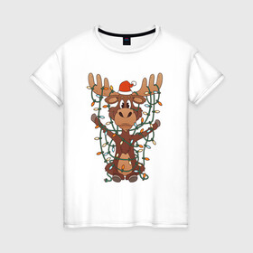 Женская футболка хлопок с принтом НОВОГОДНИЙ ОЛЕНЬ CHRISTMAS DEER в Кировске, 100% хлопок | прямой крой, круглый вырез горловины, длина до линии бедер, слегка спущенное плечо | 2022 | christmas | cold | deer | klaus | mem | meme | memes | merry | new | santa | snow | what | winter | year | гирлянды | год | зима | клаус | мем | мемы | мороз | новый | олень | рождество | санта | снег | холод | что