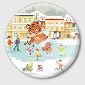 Значок с принтом Амур тигренок Новый год в Кировске,  металл | круглая форма, металлическая застежка в виде булавки | 2022 | год тигра | новый год | новый год 2022 | символ года | тигр | тигренок | тигрица | тигры