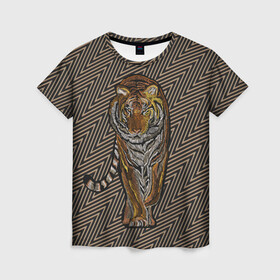 Женская футболка 3D с принтом Благородный тигр в Кировске, 100% полиэфир ( синтетическое хлопкоподобное полотно) | прямой крой, круглый вырез горловины, длина до линии бедер | благородный | грация | животное | символ года | тигр | хищник