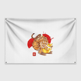 Флаг-баннер с принтом Золотой тигр 2022 Tigr в Кировске, 100% полиэстер | размер 67 х 109 см, плотность ткани — 95 г/м2; по краям флага есть четыре люверса для крепления | 2022 | new year | tiger | water tiger | водяной тигр | символ года