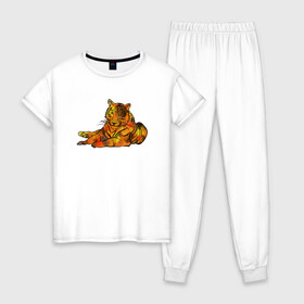 Женская пижама хлопок с принтом Акварельный тигр 2022 в Кировске, 100% хлопок | брюки и футболка прямого кроя, без карманов, на брюках мягкая резинка на поясе и по низу штанин | дикие кошки | новый год | символ года | тигр | тигренок