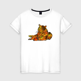 Женская футболка хлопок с принтом Акварельный тигр 2022 в Кировске, 100% хлопок | прямой крой, круглый вырез горловины, длина до линии бедер, слегка спущенное плечо | дикие кошки | новый год | символ года | тигр | тигренок