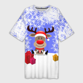 Платье-футболка 3D с принтом Олень окруженный подарками в Кировске,  |  | 2021 | 2022 | happy new year 2022 | дед мороз | новый год | новый год 2022 | олень | олень  с подарками | санта | снежинки