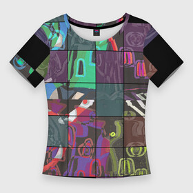 Женская футболка 3D Slim с принтом Мир в квадрате в Кировске,  |  | в топе | в тренде | дизайн | крадрат | мультики | мультяшный мир | нарисованный город | новинка | орнамент | популярное | сетка | топ | узор