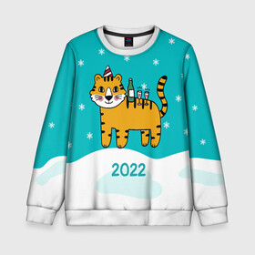 Детский свитшот 3D с принтом Новогодний стол - тигр в Кировске, 100% полиэстер | свободная посадка, прямой крой, мягкая тканевая резинка на рукавах и понизу свитшота | 2022 | год тигра | новый год | новый год 2022 | символ года | тигр | тигренок | тигрица | тигры