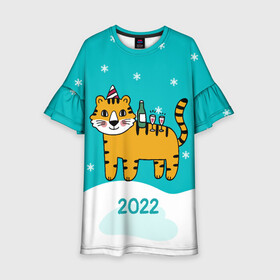 Детское платье 3D с принтом Новогодний стол - тигр в Кировске, 100% полиэстер | прямой силуэт, чуть расширенный к низу. Круглая горловина, на рукавах — воланы | 2022 | год тигра | новый год | новый год 2022 | символ года | тигр | тигренок | тигрица | тигры