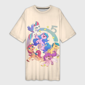 Платье-футболка 3D с принтом G5 My Little Pony в Кировске,  |  | a new generation | hitch | izzy | moonbow | my little pony | pipp | sunny | дружба | единорог | единороги | иззи | магия | мунбоу | новое поколение | пегас | пегасы | петалс | пип | пипп | пони | санни | старскаут | хитч | шторм