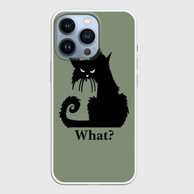 Чехол для iPhone 13 Pro с принтом What Что в Кировске,  |  | black cat | cat | fearsome | halloween | question | silhouette | stern look | what | вопрос | кошка | силуэт | суровый взгляд | хеллоуин | черный кот | что