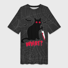 Платье-футболка 3D с принтом What Кот убийца в Кировске,  |  | bats | blood | cat | halloween | killer | maniac | what | with a knife | кот | кошка | кровь | летучие мыши | с ножом | хеллоуин | что