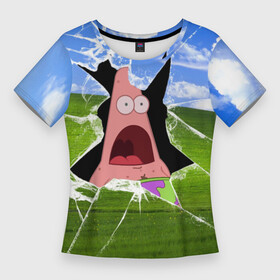 Женская футболка 3D Slim с принтом ПАТРИК  Сейчас будет локдаун в Кировске,  |  | patrick | sponge bob | spongebob | губка боб | звезда | квадратные штаны | мем | партик | сквэр пэнтс | спанч боб