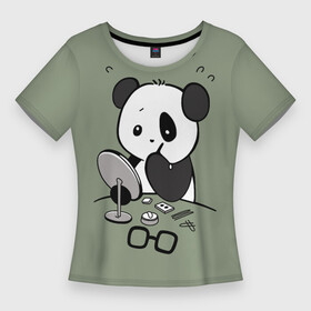 Женская футболка 3D Slim с принтом Панда красит глаза в Кировске,  |  | bear | eyes | in front of the mirror | paints | panda | глаза | красит | медведь | панда | перед зеркалом