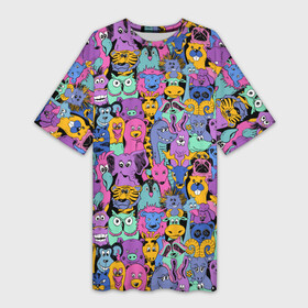 Платье-футболка 3D с принтом Разные Мультяшные Животные в Кировске,  |  | animals | safari | zoo | детские | дикая природа | животные | жираф | звери | зверюшки | зебра | зоопарк | лев | мультики | сафари | слон