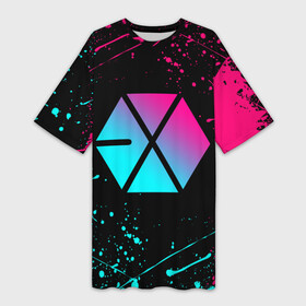 Платье-футболка 3D с принтом EXO BAND NEON LOGO НЕОНОВЫЕ БРЫЗГИ КРАСОК в Кировске,  |  | baekhyun | chanyeol | do | exo | exo band | exok | exom | kai | kris | lay | luhan | neon | sehun | suho | tao | xiumin | брызги | краски | неон | пэкхён | чен | экзо | эхо