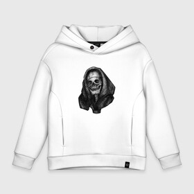 Детское худи Oversize хлопок с принтом Skull in hood в Кировске, френч-терри — 70% хлопок, 30% полиэстер. Мягкий теплый начес внутри —100% хлопок | боковые карманы, эластичные манжеты и нижняя кромка, капюшон на магнитной кнопке | Тематика изображения на принте: 80 s | black | bones | creepy | dark | dead | death | film | funny | gothic | halloween | horror | movie | movies | retro | scary | skull | spooky | vintage | зло | худи | череп