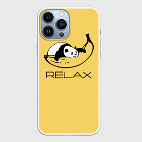 Чехол для iPhone 13 Pro Max с принтом Relax: панда на банане в Кировске,  |  | Тематика изображения на принте: banana | bear | hugged | lies | panda | relax | банан | лежит | медведь | обнял | панда