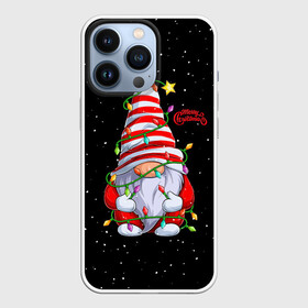 Чехол для iPhone 13 Pro с принтом Новогодний Гном с гирляндой   Gnome and Christmas lights в Кировске,  |  | christmas | dwarf | gnom | гирлянда | гном | лампочка | новый год | огоньки | рождество