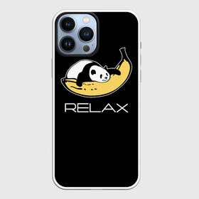 Чехол для iPhone 13 Pro Max с принтом Relax: панда на банане. в Кировске,  |  | Тематика изображения на принте: banana | bear | hugged | lies | panda | relax | банан | лежит | медведь | обнял | панда
