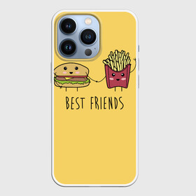 Чехол для iPhone 13 Pro с принтом Hamburger and fries are best friends в Кировске,  |  | Тематика изображения на принте: cartoon characters | holding hands | гамбургер | держаться за руки | картошка фри | лучшие друзья | мультяшные герои