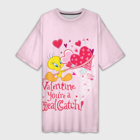 Платье-футболка 3D с принтом Valentine You re a Real Catch в Кировске,  |  | 14 февраля | looney tunes | statwb | tweetty | valentine | valentines | валентин | влюблён | влюблённые | день валентина | день влюблённых | луни | любвоная | любовь | мульт | мультики | мультфильм | св валентин | твитти