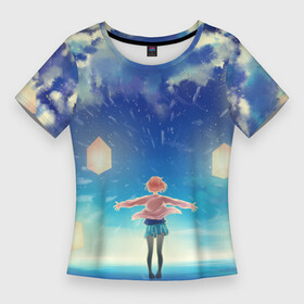 Женская футболка 3D Slim с принтом Курияма фонари в Кировске,  |  | аниме девочка | за гранью | курияма | курияма мирай | мирай | небо | облака | фонари