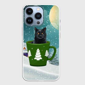Чехол для iPhone 13 Pro с принтом Черный кот в кружке в Кировске,  |  | Тематика изображения на принте: зима | кот | котенок | котик | котики | кошка | новогодняя | новый год | рождество | тепло