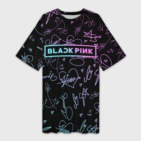 Платье-футболка 3D с принтом NEON BLACKPINK АВТОГРАФЫ в Кировске,  |  | black  pink | blackpink | ddudu ddudu | jennie | jisoo | kpop | lalisa | lisa | neon | rose | блекпинк | группа | ддуду ддуду | дженни | джису | корейская группа | кпоп | лисы | неон | розовый | розэ | черный