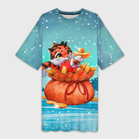 Платье-футболка 3D с принтом Тигренок с мешком денег в Кировске,  |  | 2022 | год тигра | новый год | новый год 2022 | символ года | тигр | тигренок | тигрица | тигры