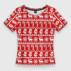 Женская футболка 3D Slim с принтом Новогодний принт с оленями, снежинками, варежками и леденцами в Кировске,  |  | варежки | зима | зимний | красный | леденцы | новогодний | новый год | олени | орнамент | снежинки | узор