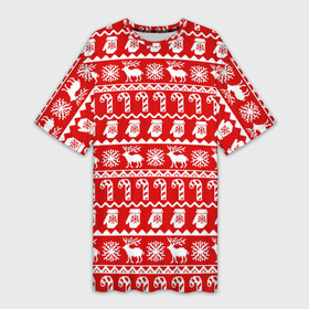 Платье-футболка 3D с принтом Новогодний принт с оленями, снежинками, варежками и леденцами в Кировске,  |  | варежки | зима | зимний | красный | леденцы | новогодний | новый год | олени | орнамент | снежинки | узор