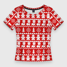 Женская футболка 3D Slim с принтом Новогодний принт с пряничными человечками, елками и снежинками в Кировске,  |  | елки | зима | зимний | красный | новогодний | новый год | носки | орнамент | пряник | пряничный | снежинки | узор | человечек