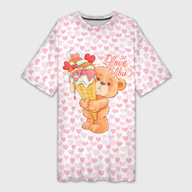 Платье-футболка 3D с принтом Плюшевый Мишка с мороженым в Кировске,  |  | Тематика изображения на принте: bear | hearts | love | valentines | valentines day | валентинка | влюбленный | день святого валентина | любовь | медведь | мишка | мороженое | сердечко | сердце