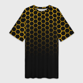 Платье-футболка 3D с принтом Неоновая кольчуга  Gold neon в Кировске,  |  | geometry | gold | neon | геометрия | железный | желтый | золотая | золото | кольчуга | мед | медовый | неон | неоновый | половина | пчела | соты | черный