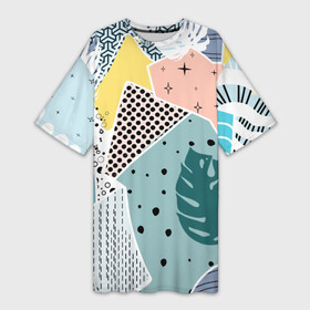 Платье-футболка 3D с принтом Абстрактный узор с пальмовыми листами и геометрией в Кировске,  |  | абстрактный мотив | абстрактный узор | абстракционизмы | абстракция | белый | бесшовный паттерн | всяко разно | геометрический | геометрия | кружочки | листы | пальмовый лист | пальмы | полосочки
