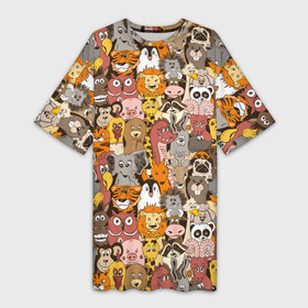 Платье-футболка 3D с принтом Зоопарк (разные звери) в Кировске,  |  | animals | safari | zoo | дикая природа | дикие животные | животные | жираф | звери | зебра | зоопарк | лев | сафари | следы от лап | слон