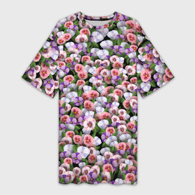 Платье-футболка 3D с принтом Чудесные фиалки в Кировске,  |  | 8 марта | ботаника | букет | клумба | паттерн | растения | фиалка | фиалки | флора | цветочки | цветы