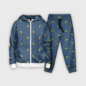 Детский костюм 3D с принтом Тукан паттерн в Кировске,  |  | pattern | toucan | паттерн | птицы | синий | темносиний | тукан | экзотические птицы