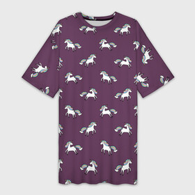 Платье-футболка 3D с принтом Забавные единороги паттерн в Кировске,  |  | Тематика изображения на принте: pattern | unicorn | бордовый | единороги | животное | звери | конь | мифическое существо | паттерн