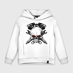 Детское худи Oversize хлопок с принтом Moto skull в Кировске, френч-терри — 70% хлопок, 30% полиэстер. Мягкий теплый начес внутри —100% хлопок | боковые карманы, эластичные манжеты и нижняя кромка, капюшон на магнитной кнопке | biker | candles | engine | keys | moto | motor | red eyes | rider | tools | байкер | двс | ключи | красные глаза | мото | мотор | наездник | свечи