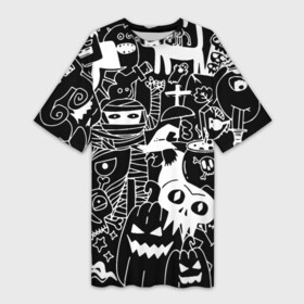 Платье-футболка 3D с принтом Monster  Cat в Кировске,  |  | cat | eye | ghost | halloween | hype | monster | mummy | owl | pumpkin | skull | teeth | witch | zombie | ведьма | глаз | зомби | зубы | кот | котёнок | кошка | монстр | мумия | призрак | сова | тыква | хайп | хэллоуин | череп