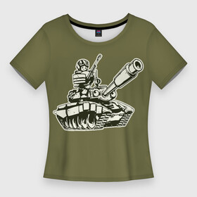 Женская футболка 3D Slim с принтом Танкота (оливковый) в Кировске,  |  | военный | война | забавный | комикс | милитари | мультик | мультяшка | т90 | танк | танкист | техника | юмор