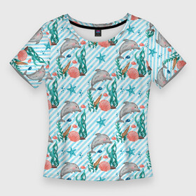 Женская футболка 3D Slim с принтом Дельфины  Море в Кировске,  |  | вода | дельфины | море | океан | подводный мир | ракушки