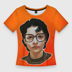 Женская футболка 3D Slim с принтом Финн Вулфхард на оранжевом фоне в Кировске,  |  | finn wolfhard | актер | брюнет | красивый парень | очень странные дела | финн вулфхард