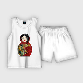 Детская пижама с шортами хлопок с принтом Красивая матрешка в Кировске,  |  | Тематика изображения на принте: девушка | женщина | игрушка | красота | кукла | матрешка | народный | национальный | россия | русская | этнический | этно