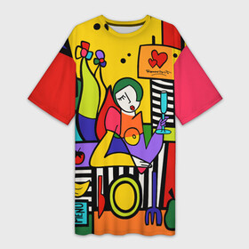 Платье-футболка 3D с принтом Girl with a glass в Кировске,  |  | brazilian artist | bright colors | cubism | emoji | graffiti | heart | pop art | romero britto | бразильский художник | граффити | девушка с бакалом | день святого валентина | кубизм | любовь | ромеро бритто 