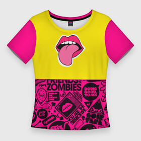 Женская футболка 3D Slim с принтом sticker bombing  язык в Кировске,  |  | sticker bombing | графика | губы | неон | рисунок | стикербомбинг | язык | яркий принт