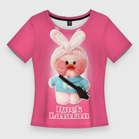Женская футболка 3D Slim с принтом Duck Lalafan утёнок Лалафанфан в Кировске,  |  | duck | korean | lalafanfan | rosy cheeks | soft | toy | игрушка | корейская | круглые очки | лалафан | лалафанфан | мягкая | розовые щёки | утка