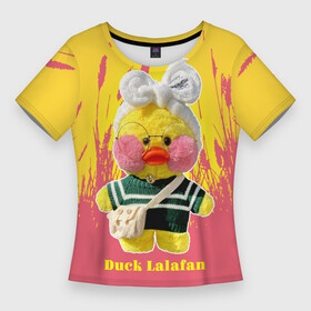 Женская футболка 3D Slim с принтом Duck Lalafanfan в Кировске,  |  | duck | korean | lalafanfan | rosy cheeks | soft | toy | игрушка | корейская | круглые очки | лалафан | лалафанфан | мягкая | розовые щёки | утка